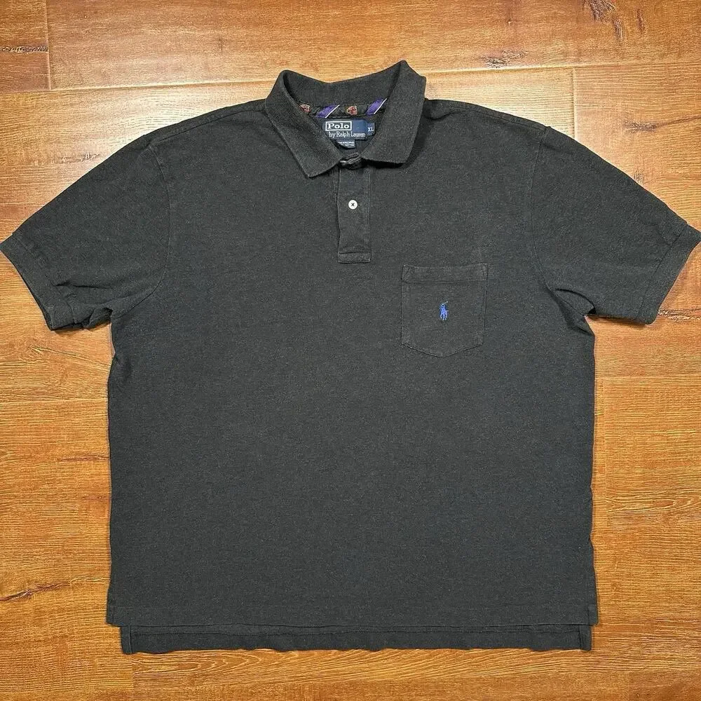 Vintage Ralph Lauren Polo Shirt Mens XL Gray Pique Knit Pocket 90s VTG Pony